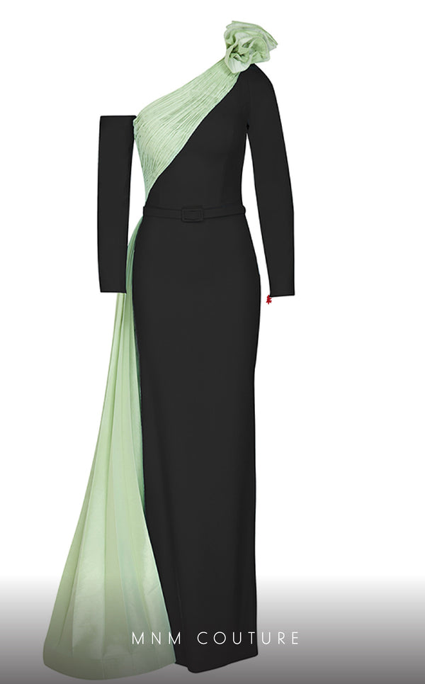 MNM Couture N0529 sheath floral gown with metallic sash and pleated accents. | Couture Shop LA