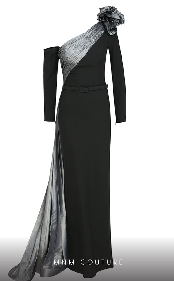 MNM Couture N0529 sheath floral gown with metallic sash and pleated accents. | Couture Shop LA