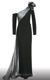 MNM Couture N0529 sheath floral gown with metallic sash and pleated accents. | Couture Shop LA