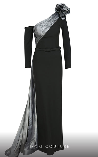 MNM Couture N0529 sheath floral gown with metallic sash and pleated accents. | Couture Shop LA