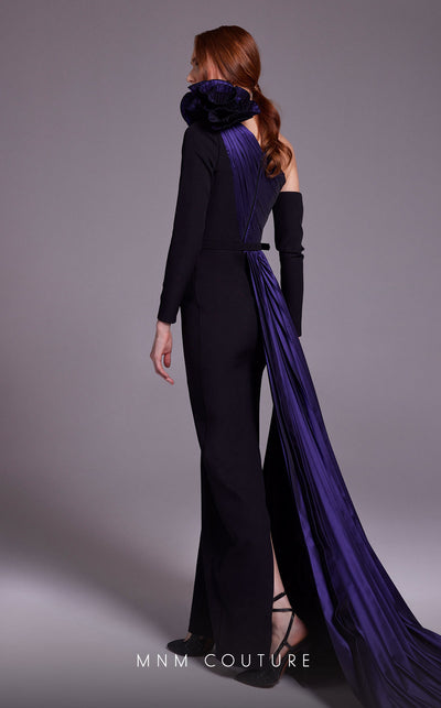 MNM Couture N0529 sheath floral gown with metallic sash and pleated accents. | Couture Shop LA