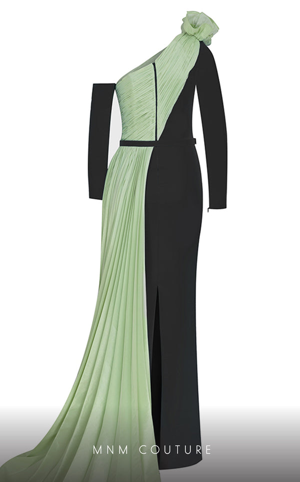 MNM Couture N0529 sheath floral gown with metallic sash and pleated accents. | Couture Shop LA