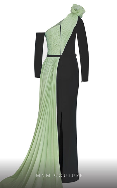 MNM Couture N0529 sheath floral gown with metallic sash and pleated accents. | Couture Shop LA