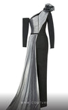 MNM Couture N0529 sheath floral gown with metallic sash and pleated accents. | Couture Shop LA