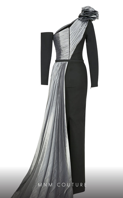 MNM Couture N0529 sheath floral gown with metallic sash and pleated accents. | Couture Shop LA
