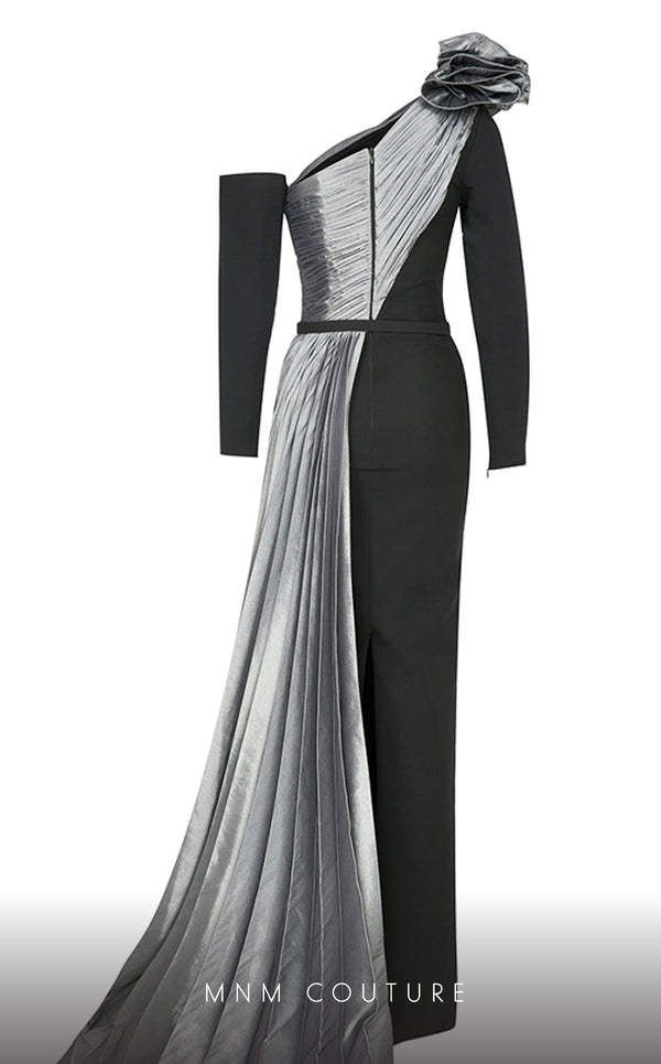 MNM Couture N0529 sheath floral gown with metallic sash and pleated accents. | Couture Shop LA