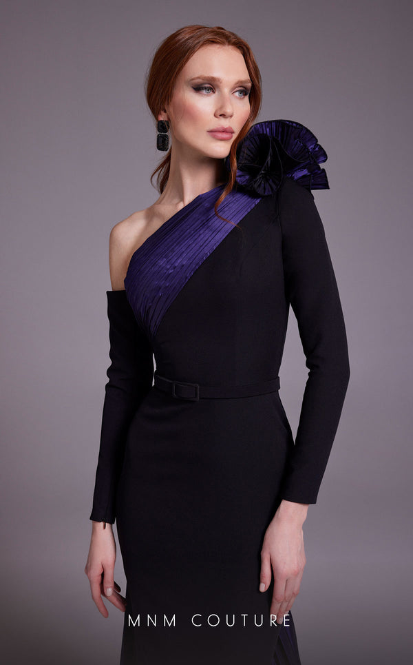 MNM Couture N0529 sheath floral gown with metallic sash and pleated accents. | Couture Shop LA