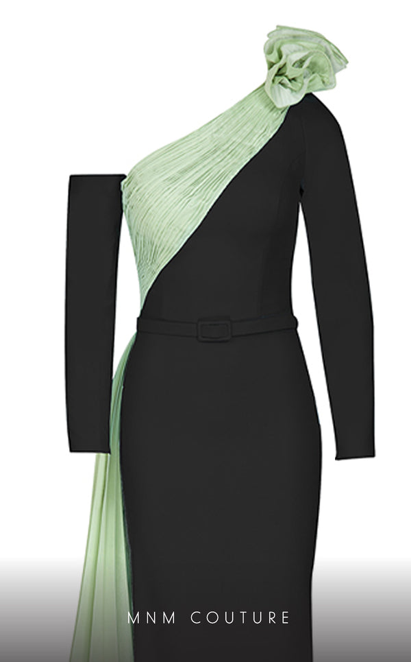 MNM Couture N0529 sheath floral gown with metallic sash and pleated accents. | Couture Shop LA