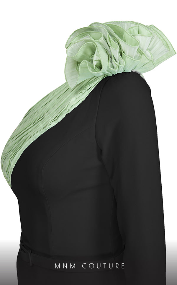 MNM Couture N0529 sheath floral gown with metallic sash and pleated accents. | Couture Shop LA