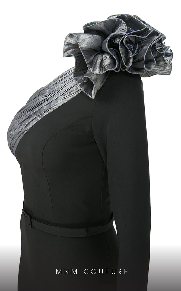 MNM Couture N0529 sheath floral gown with metallic sash and pleated accents. | Couture Shop LA