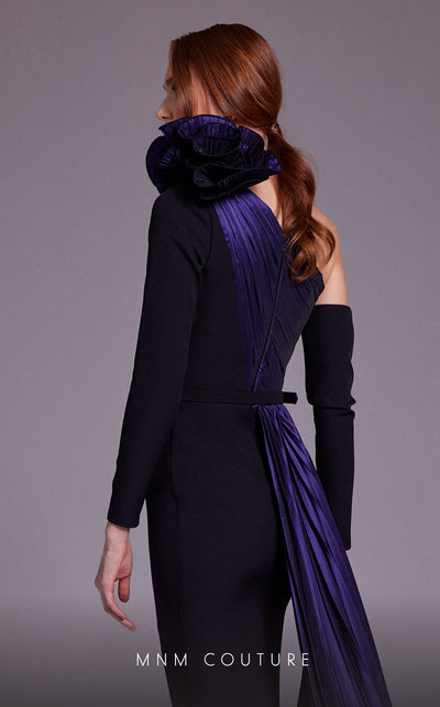 MNM Couture N0529 sheath floral gown with metallic sash and pleated accents. | Couture Shop LA