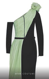 MNM Couture N0529 sheath floral gown with metallic sash and pleated accents. | Couture Shop LA