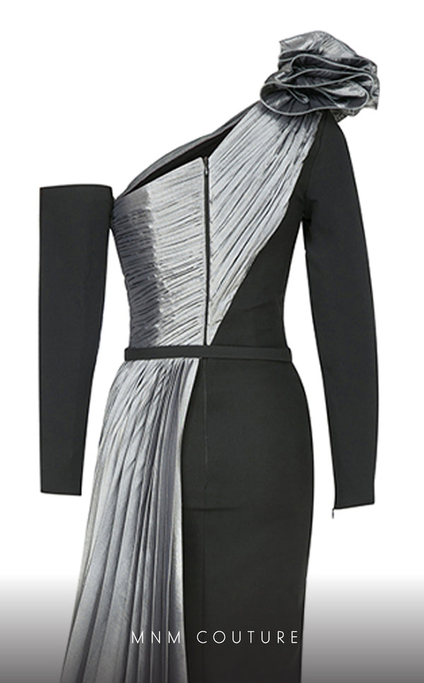 MNM Couture N0529 sheath floral gown with metallic sash and pleated accents. | Couture Shop LA