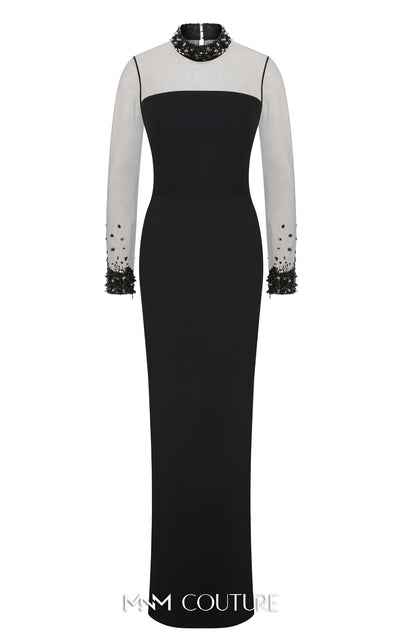 MNM Couture N0530 sheer sheath gown with beaded neck, long sleeves, and keyhole back. | Couture Shop LA