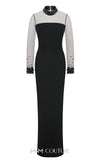 MNM Couture N0530 sheer sheath gown with beaded neck, long sleeves, and keyhole back. | Couture Shop LA