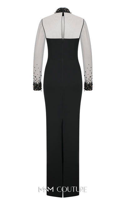 MNM Couture N0530 sheer sheath gown with beaded neck, long sleeves, and keyhole back. | Couture Shop LA