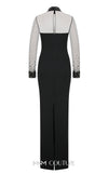 MNM Couture N0530 sheer sheath gown with beaded neck, long sleeves, and keyhole back. | Couture Shop LA