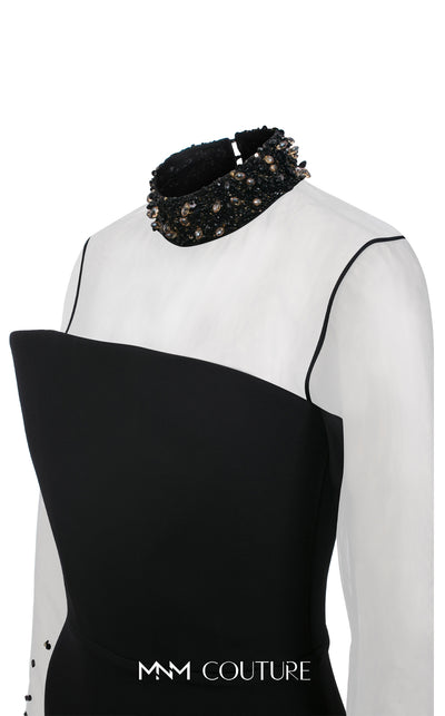 MNM Couture N0530 sheer sheath gown with beaded neck, long sleeves, and keyhole back. | Couture Shop LA