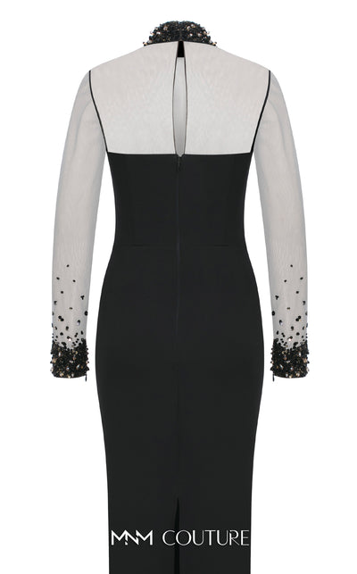 MNM Couture N0530 sheer sheath gown with beaded neck, long sleeves, and keyhole back. | Couture Shop LA