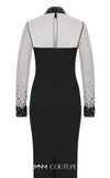 MNM Couture N0530 sheer sheath gown with beaded neck, long sleeves, and keyhole back. | Couture Shop LA