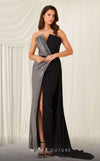 Sophisticate's choice - The MNM Couture N0532A, a luxurious evening gown featuring a modern V-neck, elegant draping, and a striking slit for the timeless woman.