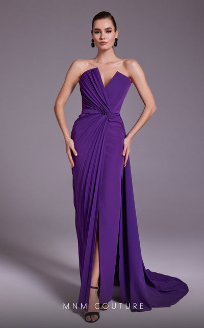 MNM Couture N0532 sheath gown with plunged neckline, overskirt, and elegant train. | Couture Shop LA