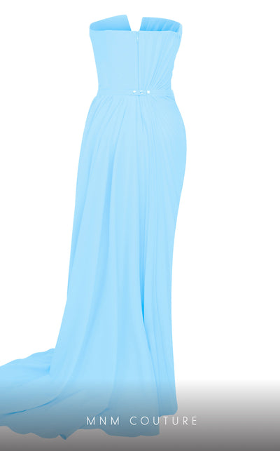 MNM Couture N0532 sheath gown with plunged neckline, overskirt, and elegant train. | Couture Shop LA