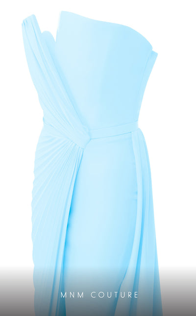 MNM Couture N0532 sheath gown with plunged neckline, overskirt, and elegant train. | Couture Shop LA