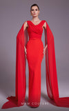 MNM Couture N0534 solid-tone ruched sheath gown with long shoulder drape.