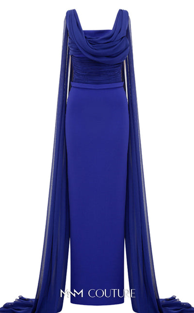 Bridesmaid Dress MNM Couture N0534 solid-tone ruched sheath gown with long shoulder drape. | Couture Shop LA