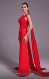 Bridesmaid Dress MNM Couture N0534 solid-tone ruched sheath gown with long shoulder drape. | Couture Shop LA