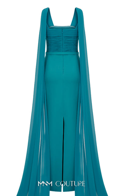 Bridesmaid Dress MNM Couture N0534 solid-tone ruched sheath gown with long shoulder drape. | Couture Shop LA