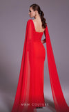 Bridesmaid Dress MNM Couture N0534 solid-tone ruched sheath gown with long shoulder drape. | Couture Shop LA