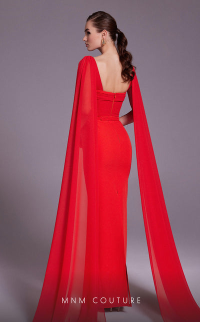 Bridesmaid Dress MNM Couture N0534 solid-tone ruched sheath gown with long shoulder drape. | Couture Shop LA