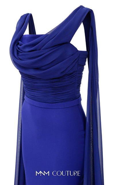 Bridesmaid Dress MNM Couture N0534 solid-tone ruched sheath gown with long shoulder drape. | Couture Shop LA