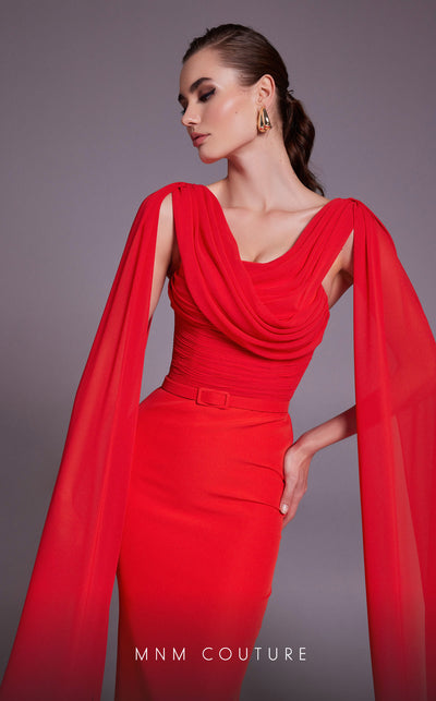 Bridesmaid Dress MNM Couture N0534 solid-tone ruched sheath gown with long shoulder drape. | Couture Shop LA