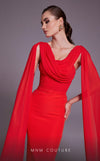 Bridesmaid Dress MNM Couture N0534 solid-tone ruched sheath gown with long shoulder drape. | Couture Shop LA