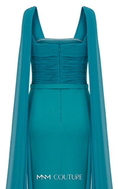 Bridesmaid Dress MNM Couture N0534 solid-tone ruched sheath gown with long shoulder drape. | Couture Shop LA