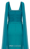 Bridesmaid Dress MNM Couture N0534 solid-tone ruched sheath gown with long shoulder drape. | Couture Shop LA