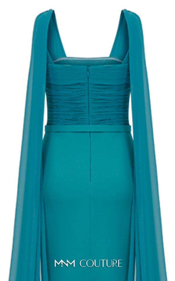 Bridesmaid Dress MNM Couture N0534 solid-tone ruched sheath gown with long shoulder drape. | Couture Shop LA