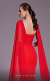 Bridesmaid Dress MNM Couture N0534 solid-tone ruched sheath gown with long shoulder drape. | Couture Shop LA