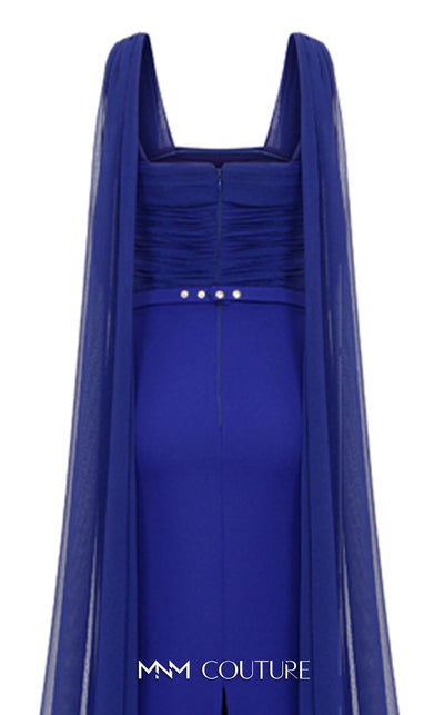 Bridesmaid Dress MNM Couture N0534 solid-tone ruched sheath gown with long shoulder drape. | Couture Shop LA