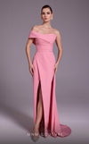 MNM Couture N0535 sarong gown with asymmetric sleeve and draping.