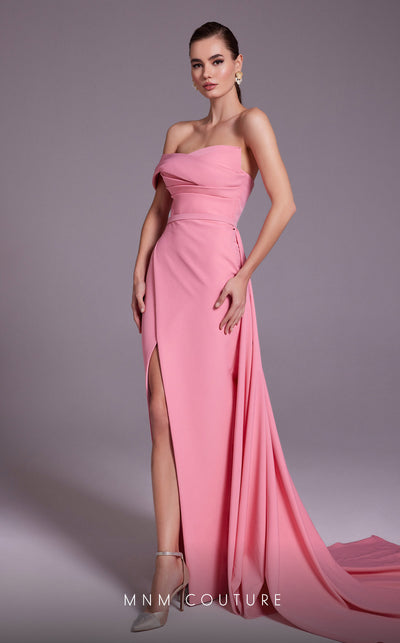 MNM Couture N0535 sarong gown with asymmetric sleeve and draping. | Couture Shop LA