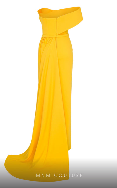 MNM Couture N0535 sarong gown with asymmetric sleeve and draping. | Couture Shop LA