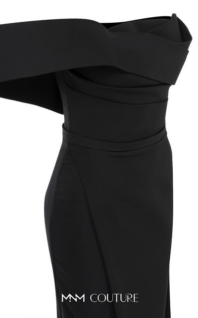 MNM Couture N0535 sarong gown with asymmetric sleeve and draping. | Couture Shop LA