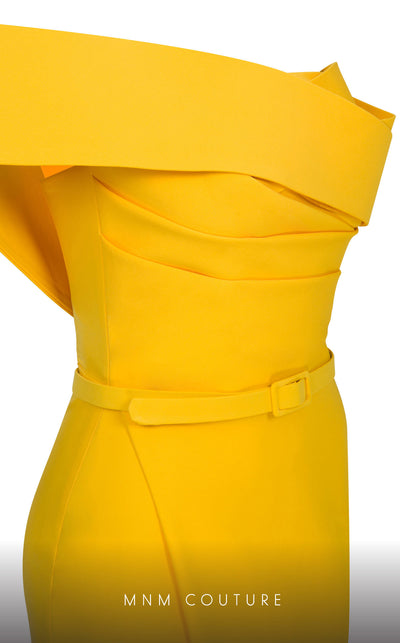 MNM Couture N0535 sarong gown with asymmetric sleeve and draping. | Couture Shop LA