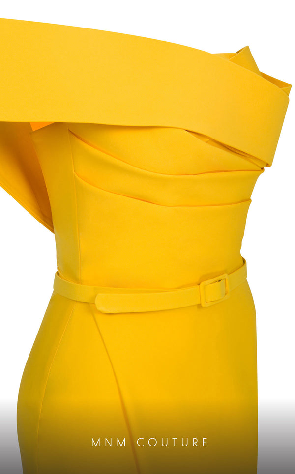 MNM Couture N0535 sarong gown with asymmetric sleeve and draping. | Couture Shop LA