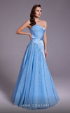 MNM Couture N0536 asymmetric A-line gown with bead embellishment.