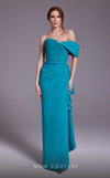 MNM Couture N0537 asymmetric sheath gown with tonal belt and dramatic one-shoulder draping.